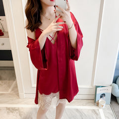 Spring and summer women's silk and lace suspenders nightdress, nightgown, ice silk bathrobe, home pajamas set