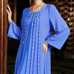 Spring and summer new Middle Eastern Arab ladies large size handmade beaded dress loose and comfortable beaded blue round neck long-sleeved tempe