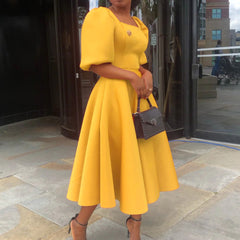 Short Sleeve Pleated Solid Color Large Skirt Evening Dress Dress