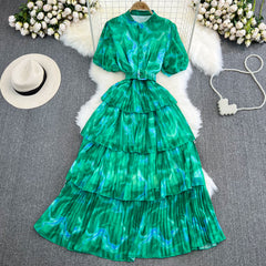 فستان كعكة على شكل حرف A بأكمام منتفخة فرنسية كلاسيكية لطيفة وياقة واقفة ومطبوع على شكل حرف A