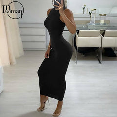 Inwoman Ribbed Knitted Summer Black White Maxi Dress Women 2021 Party Bodycon Long Dress Sundress Ladies Brown Wrap Dresses