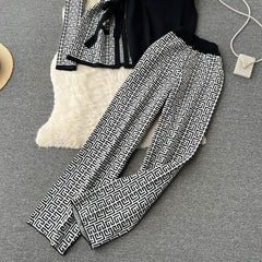 Women's end small fragrance suit early spring and autumn lace-up cardigan waisted wide-leg pants three-piece set