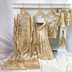 Simple five-piece home wear set, printed cherry pajamas for women, thin nightgown, suspenders, shorts, suspender skirt set