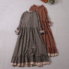 Mori girl floral dress with wooden ears mid-length literary casual half cardigan long-sleeved skirt