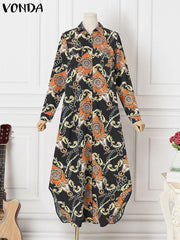 VONDA Women Boho Vintage Random Pattern Printed Maxi Long Dresses Sping Autumn Casual Loose Lapel Long Sleeve Asymmetrical Hem Vestidos Plus Size