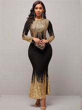 Casual urban women's clothing literary retro mid-waist round neck printing long-sleeved one-step skirt fishtail slim dress dress