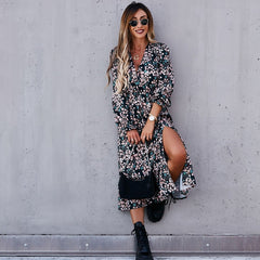 Autumn Winter Long Floral Print Dress Robe for Women 2021 Casual Long Sleeve Split Dress Female Boho Elegant Maxi Party Vestidos