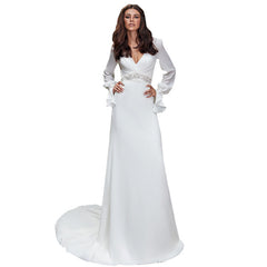 European and American new evening dress sexy long-sleeved wedding dress solid color temperament dress evening dress