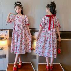 Summer new Korean version of children's clothing girls dress female big boy parent-child floral high waist dress short-sleeved long skirt