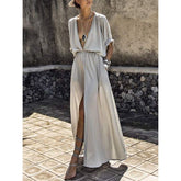 European and American new hot girls hot sale deep V mid-sleeve slit long skirt evening dress women