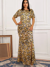 Mulheres vestidos de leopardo bodycon plissado impressão fenda o pescoço manga curta cintura alta cocktail festa à noite outfits formatura vestido lon