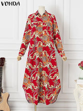 فوندا نساء بوهو خمر نمط عشوائي مطبوعة ماكسي فساتين طويلة سبينغ الخريف عادية فضفاض التلبيب كم طويل غير متماثلة هيم فيستيدوس حجم كبير