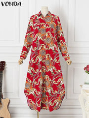 VONDA Women Boho Vintage Random Pattern Printed Maxi Long Dresses Sping Autumn Casual Loose Lapel Long Sleeve Asymmetrical Hem Vestidos Plus Size