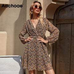 Aachoae Women Beach Style Summer Mini Dresses Boho V Neck Floral Print Chiffon Dress Ladies A Line Long Sleeve Vintage Dress