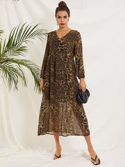 ZANZEA ladies retro leopard print dress spring and autumn new style sexy V-neck long-sleeved high-waist ankle skirt party boho style large size beach skirt Europe and America