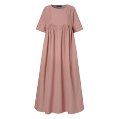 ZANZEA Women Vintage Elegant Pleated Long Dress Summer O Neck Half Sleeve Sundress Casual Solid Party Vestidos Kaftan Dresses