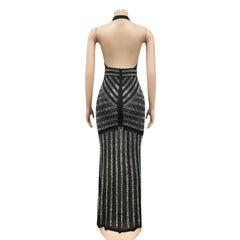 Sexy deep V backless nightclub party dress hot diamond see-through long skirt