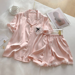 Ladies Heart Bowknot Lace Homewear Short-sleeved Shorts Silk Suit