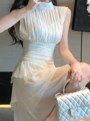 2023 atmosphere high-end sleeveless dress women's summer pure and sweet pleated white skirt slim waist cake skirt