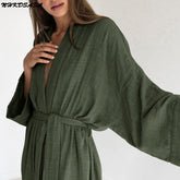 NHKDSASA Cotton Robes For Women Three Quarter Sleeve Nightwear Sashes Autumn Casual Long Bathrobe Female 2022 Solid Robe
