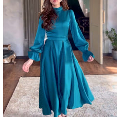 Women's Elegant Lotus Leaf Long Sleeve Stand Collar High Waist Dress