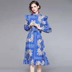 High-end elegant temperament printed long-sleeved dress female fashion ladies lace-up dress