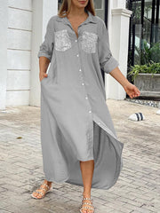 ZANZEA ladies European and American style sequin design temperament lapel long sleeves irregular hem and ankle skirt fashion trend elegant shirt skirt loose spring and autumn daily casual bohemian vacation style shirt dress large size