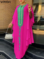 VONDA Elegant Dresses For Women 2022 Stripe Random Printed V Neck Long Flared Sleeve A Line Vestidos Bohemian Party Casual Plus Size Long Dresses