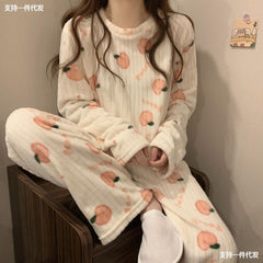 Coral velvet pajamas for women winter sweet cute long sleeve velvet thickened spring and autumn Flannel housewear suit