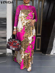 VONDA Elegant Dresses For Women 2022 Random Printed Turtleneck Long Puff Sleeve Pleated A-Line Vestidos Bohemian Party Casual Plus Size Long Dresses