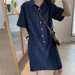 2023 short-sleeved dress women's solid color pocket high waist basic all-inclusive elegant retro Korean casual sportswear 4*11.