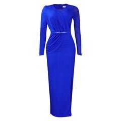 New style solid color round neck pleated long sleeve European and American plus size dress