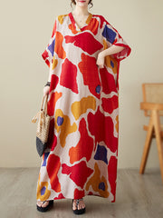 Women's Summer V-neck Thin Cotton Linen Dress Large Size Literary Vacation Style Beach Skirt Retro Covering Meat Long Robe