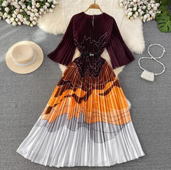 Retro temperament round neck waist slimming a-line positioning printed pleated dress elegant  long skirt