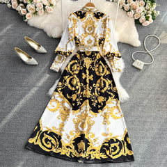 فستان راقي فاخر بطباعة كلاسيكية وأكمام منتفخة وربطة عنق وتنورة طويلة للتخسيس