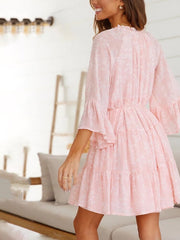 Women Sweet Pink Color Mini Dress Casual V Neck Flarel Sleeve Dress With Bow Sashes Ladies Fashion Elegant A Line Dress