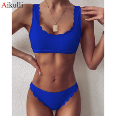 Solid Bikinis Push Up Swimwear Women 2021 Summer' Swimsuits Blue Scalloped Bathing Suit Female Biquini Set Bathers