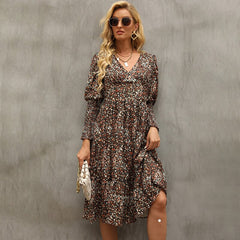 فساتين نسائية بوهو ستايل مطبوعة بالورود متوسطة الطول أنيقة بياقة على شكل V وأكمام طويلة فساتين على شكل حرف A للسيدات بخصر مطاطي Mujer