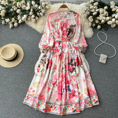 French temperament elegant light cooked wind printed long-sleeved round neck single-breasted dress with large