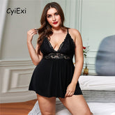 CyiExi Women Sexy Nightgown Set Plus Size Lace See Through Lingerie Dress + Thong 2 Pieces Sets Sleepwear Ladies Night Clothing