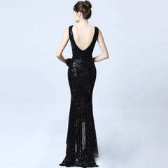 Ladies Fashion Sexy Slim Sequined Deep V Banquet Long Evening Dress