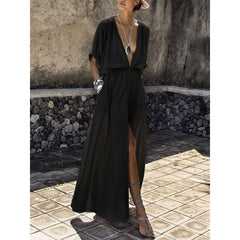 European and American new hot girls hot sale deep V mid-sleeve slit long skirt evening dress women