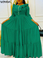 VONDA Elegant Dresses For Women 2022 Polka Dot O Neck Long Sleeve Spliced Ruffles Pleated A-Line Vestidos Bohemian Party Casual Plus Size Long Dress