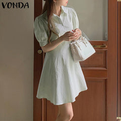 VONDA Elegant Dresses For Women 2022 Sexy Solid Pleated Puff Sleeve Button A-Line Dresses Bohemian Party Vestidos Summer Plus Size Dresses