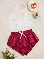 Sexy ladies pajamas lace temptation bra suspenders underwear -waist shorts set