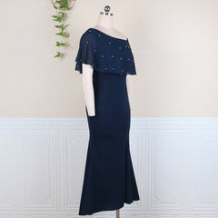 Women Long Dress Off Shoulder Bead Bodycon Ruffles Navy Blue Slit Plus Size 4XL 5XL Evening Birthday Party Occasion Event Summer