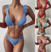 4-color women's swimsuit solid color ruffled bikini bikinI