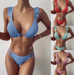 4-color women's swimsuit solid color ruffled bikini bikinI