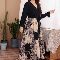 Temperament long skirt pullover elastic waist tie chiffon print sexy V-neck dress for women