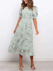 Women Boho Style Floral Printed Midi Dress Casual O Neck Butterfly Short Sleeve Dress Lady Fashion Elegant A Line Dress